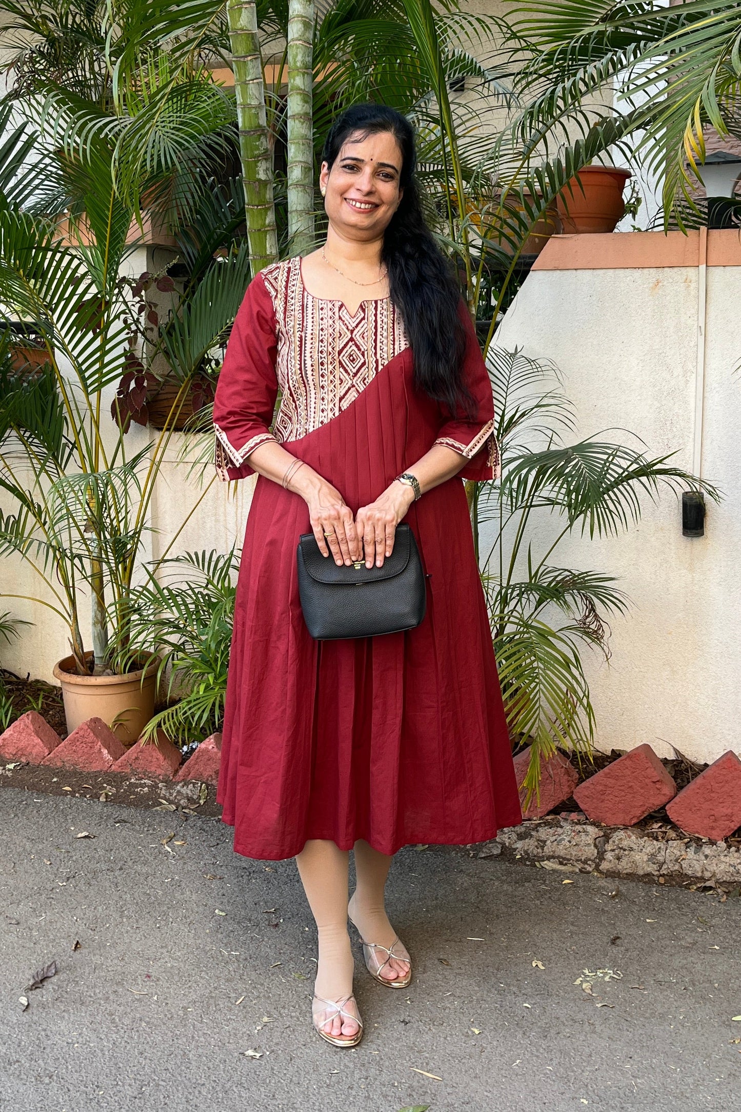 Riya Maroon Front Gather cotton Dress