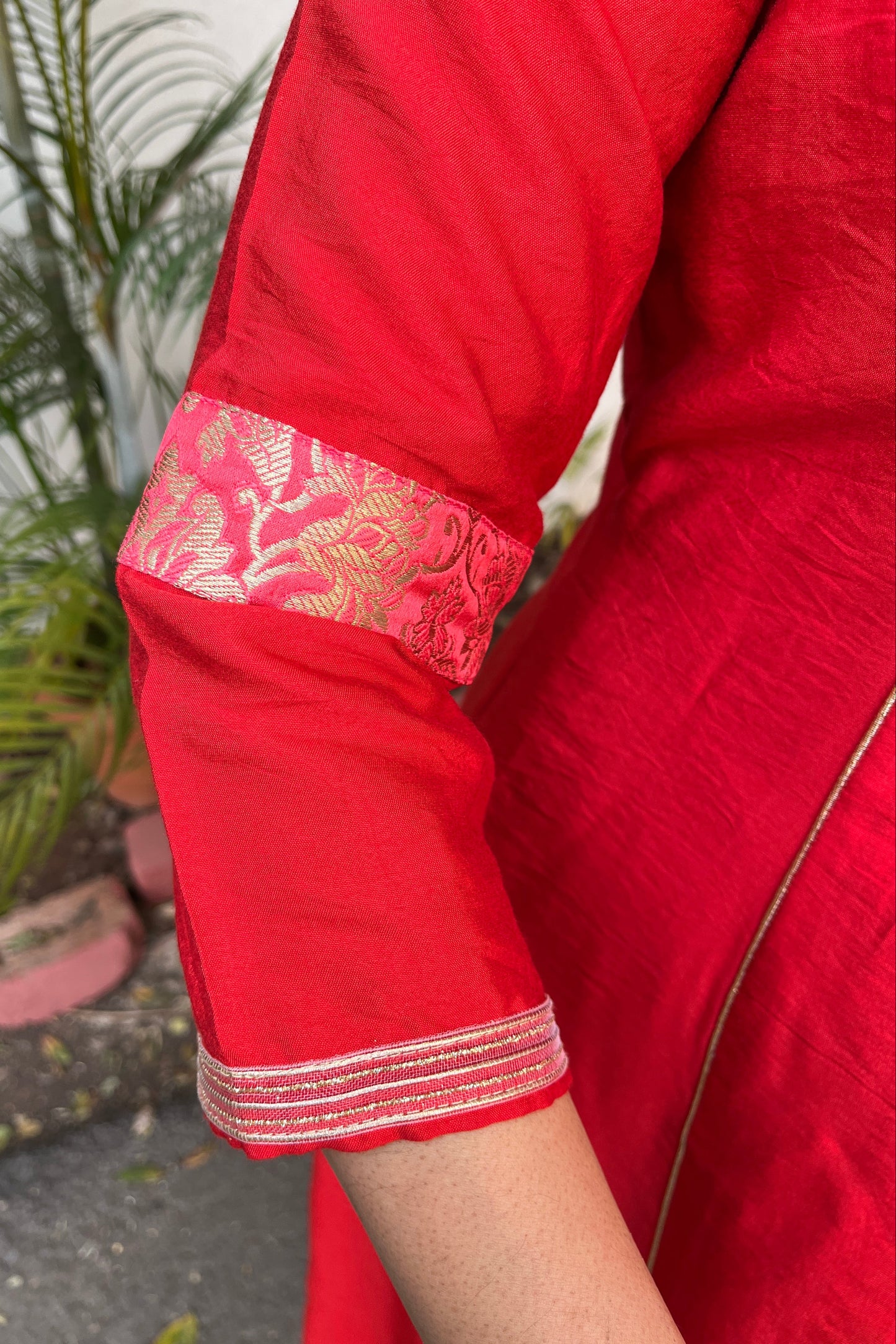 Riddhi Red Cotton Silk Brocade Kali Kurta( With Add - on Bottom)