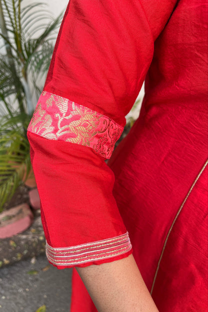 Riddhi Red Cotton Silk Brocade Kali Kurta( With Add - on Bottom)