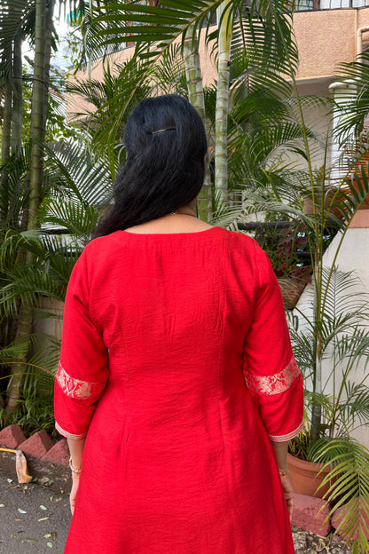 Riddhi Red Cotton Silk Brocade Kali Kurta( With Add - on Bottom)