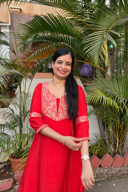 Riddhi Red Cotton Silk Brocade Kali Kurta( With Add - on Bottom)