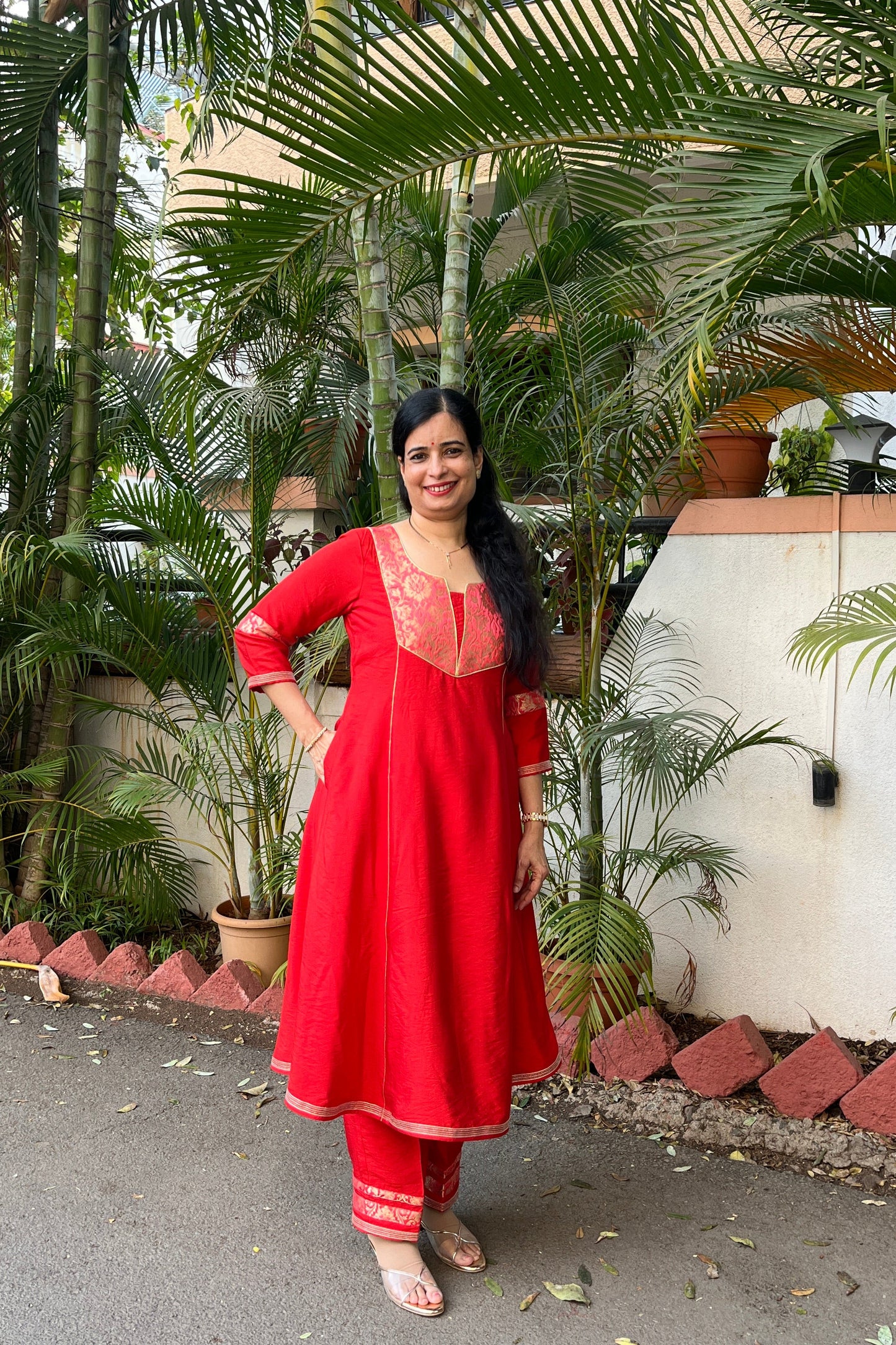 Riddhi Red Cotton Silk Brocade Kali Kurta( With Add - on Bottom)