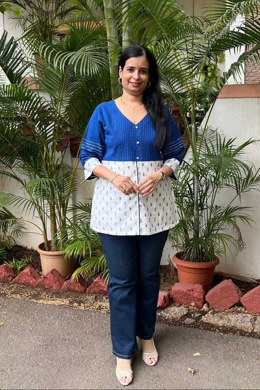 Buy blue and white cotton top for women online.