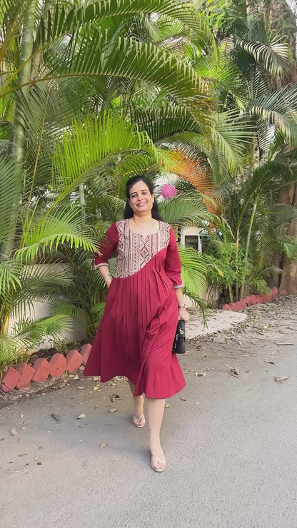 Riya Maroon Front Gather cotton Dress