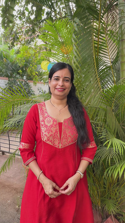 Riddhi Red Cotton Silk Brocade Kali Kurta( With Add - on Bottom)